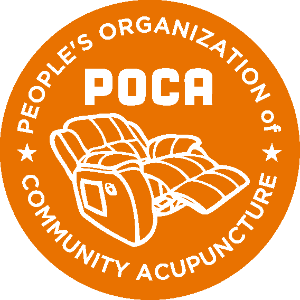 Orange POCA logo showing recliner outlined in white with white words that say POCA People's Organizatio of Community Acupuncture
