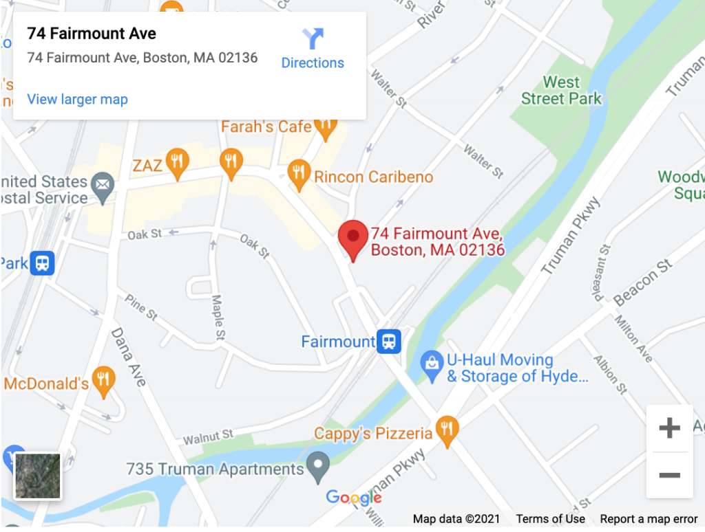 Google Map showing location of clinic at 74 Fairmount Ave, Hyde Park, Boston, MA 02136