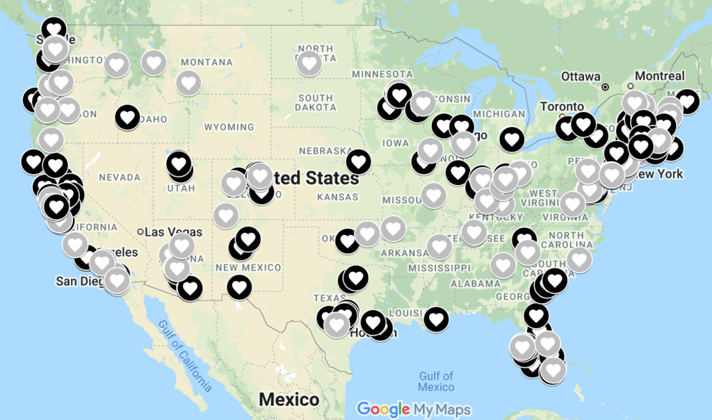 Map of USA with dark and gray heart icons marking various clinics.