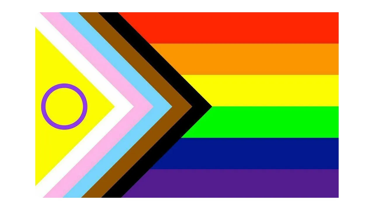 Progress Pride flag showing 6 rainbow colors with inset of Black, Brown, Trans and Intersex