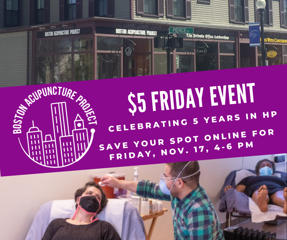 Image of banner $5 Friday Event. Celebrating 5 years in H.P. Save your spot online for Friday, November 17, 4 to 6 P.M.
