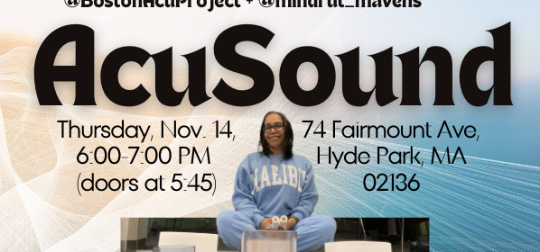 AcuSound on Thursday, November 14, 6-7 PM doors at 5:45 PM. 74 Fairmount Ave, Hyde Park, MA 02136. Photo of Gillian Miller sitting behind bowls.