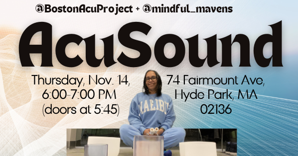 AcuSound on Thursday, November 14, 6-7 PM doors at 5:45 PM. 74 Fairmount Ave, Hyde Park, MA 02136. Photo of Gillian Miller sitting behind bowls.