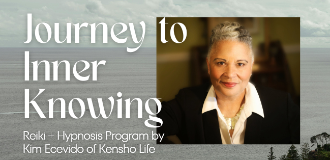 Journey to Inner Knowing Reiki and Hypnosis Program by Kim Ecevido with image of Kim and a sea and sky