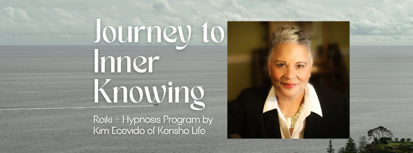 Journey to Inner Knowing: reiki and hypnosis program by Kim Ecevido. Background image of sea and sky. Headshot of Kim.