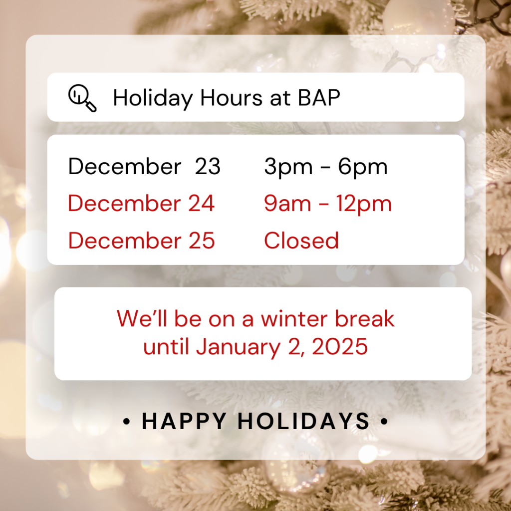 Holiday Hours. Open Money, Dec. 23, 3-6pm and Tuesday, Dec. 24, 9am-12pm. Closed Dec. 25-Jan. 1. Happy Holidays.