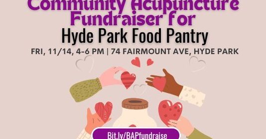 Image of cartoon hands putting hearts in a jar. Text: Community Fundraiser for Hyde Park Food Pantry on Friday, November 14, 4:00 to 6:00 PM at 74 Fairmount Ave, Hyde Park. Register at bit.ly/BAPfundraise (case sensitive).
