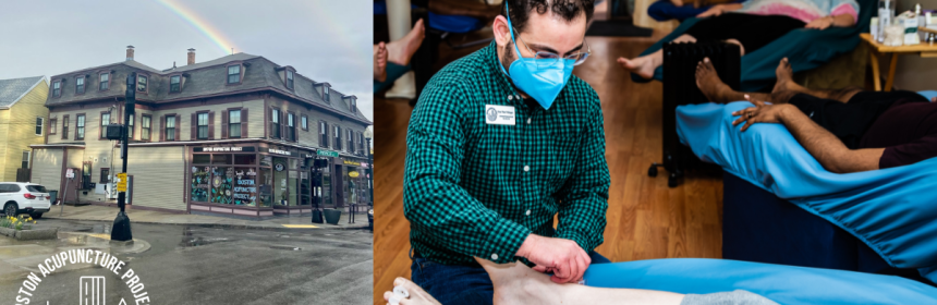 Left side is a photo of the Boston Acupuncture Project storefront on Fairmount Ave in Hyde Park. A rainbow arches over the building. The Boston Acupuncture Project logo is on top. On the right a photo shows Ren giving acupuncture to a patient in a recliner while other people recline in the background in our peaceful group treatment room.