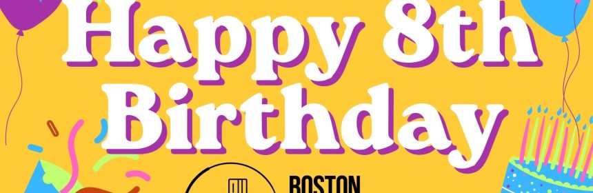 Happy 8th Birthday Boston Acupuncture Project on yellow background with bunting, balloons, a cake and a party horn graphics.